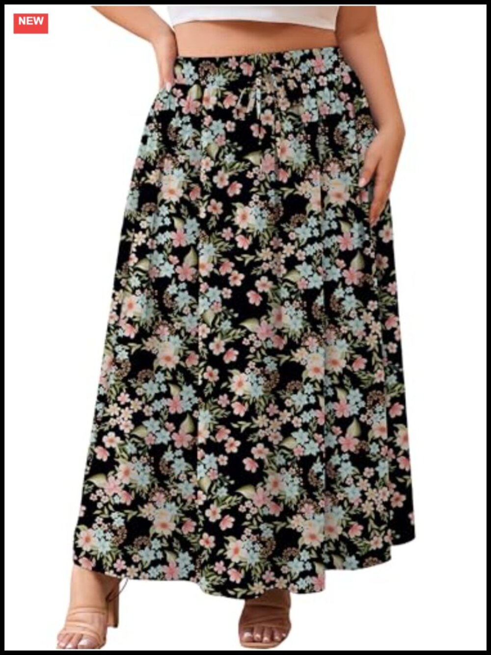 Plus Size Maxi Skirt High Waisted Elastic Waist Flowy Long Skirt with Pockets